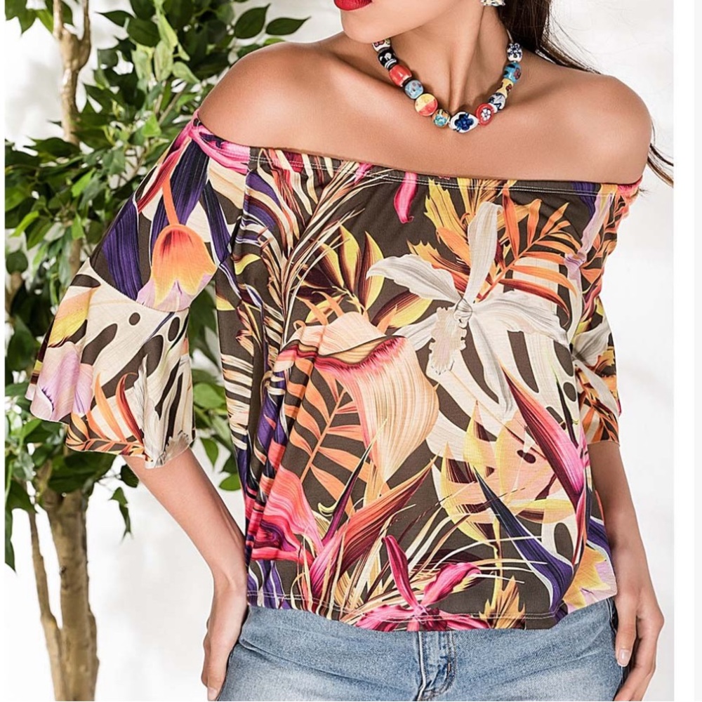 Milan Kiss Orange & Olive Floral Off-Shoulder Top